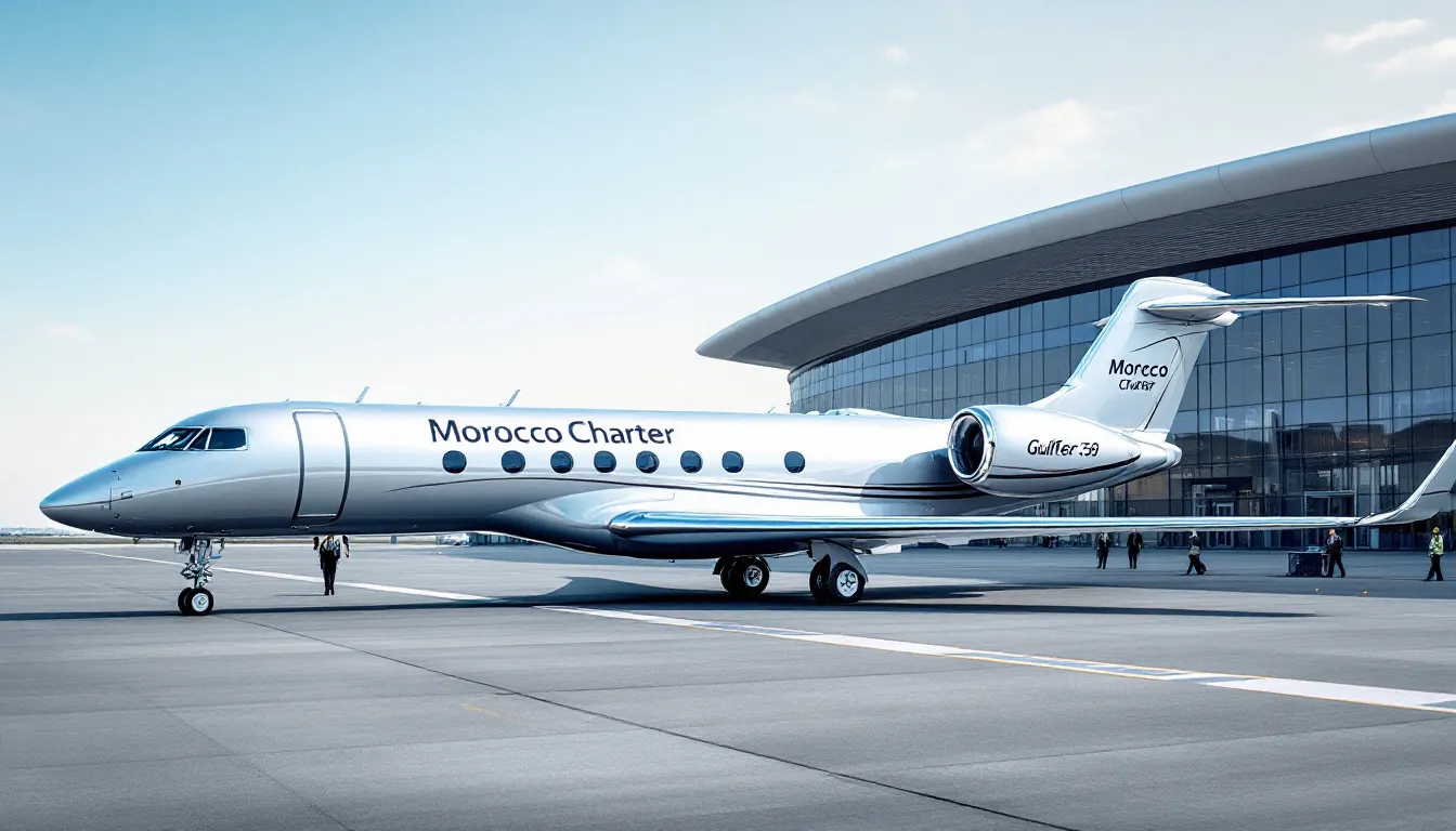 An image showcasing various private jet charter options to Morocco, highlighting luxurious aircraft against a backdrop of iconic Moroccan landmarks such as the Atlas Mountains and modern buildings in Casablanca. The scene emphasizes the convenience and elegance of private flights, making it an ideal choice for travelers seeking to explore this culturally rich destination.