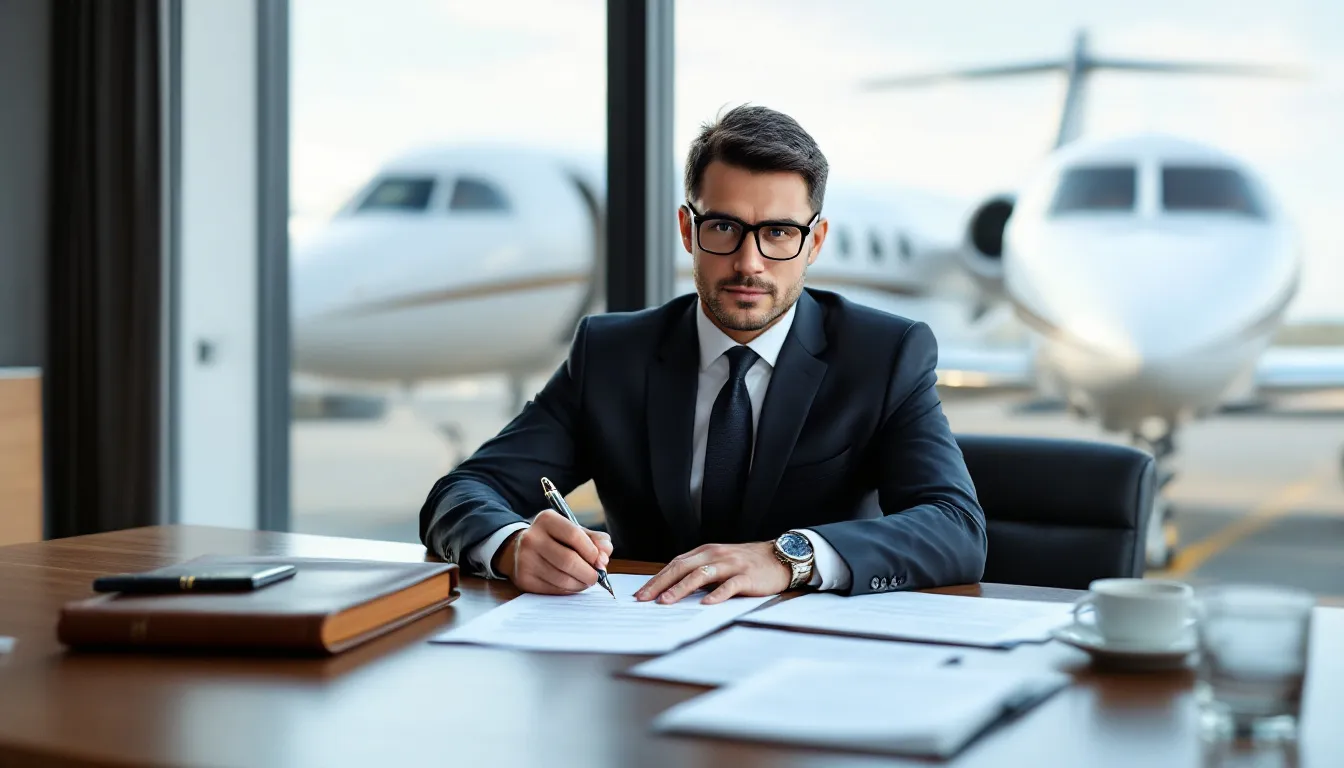 A person is signing an aircraft insurance policy, discussing the various insurance coverage options and costs associated with private jet insurance. The scene emphasizes the importance of understanding insurance premiums and liability coverage for aircraft owners.