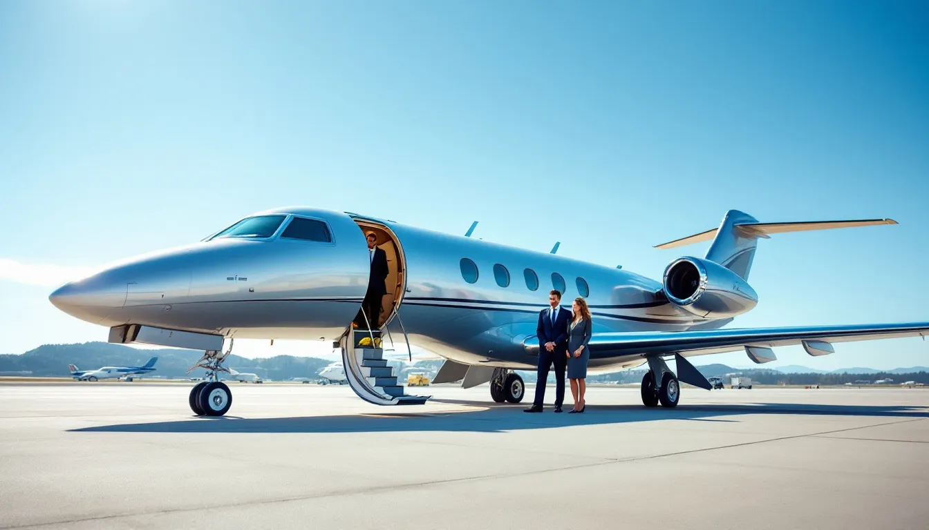 A sleek private jet is parked on a tarmac, showcasing its modern design and luxurious features, indicative of private aviation's emphasis on comfort and efficiency for personal travel. The aircraft, designed for short to medium haul flights, highlights the spacious cabin and advanced entertainment systems that cater to small groups or business travelers.