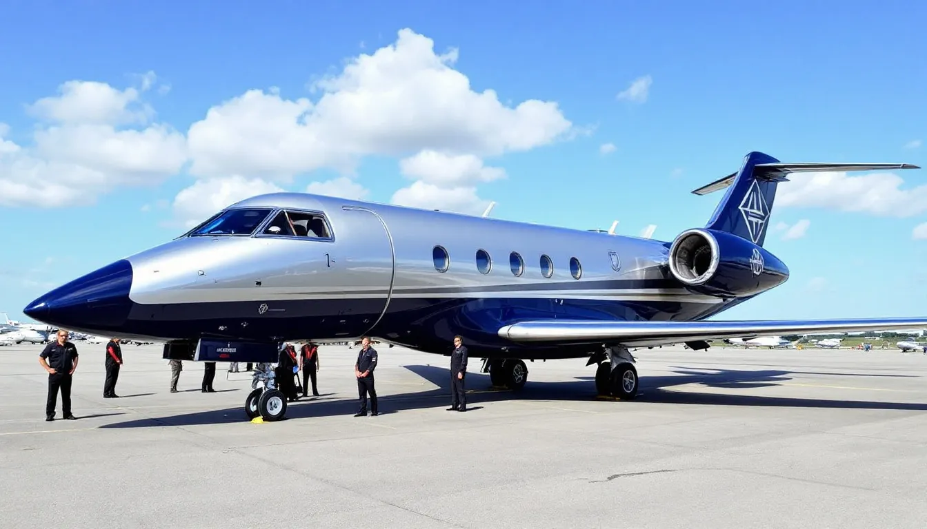 An image depicting several heavy private jets parked on a tarmac, showcasing their large cabin sizes and sleek designs, ideal for business aviation and personal travel. The aircraft, including super midsize jets and large cabin jets, highlight the luxury and comfort associated with private jets, catering to small groups and offering a range of features for an enjoyable flight experience.