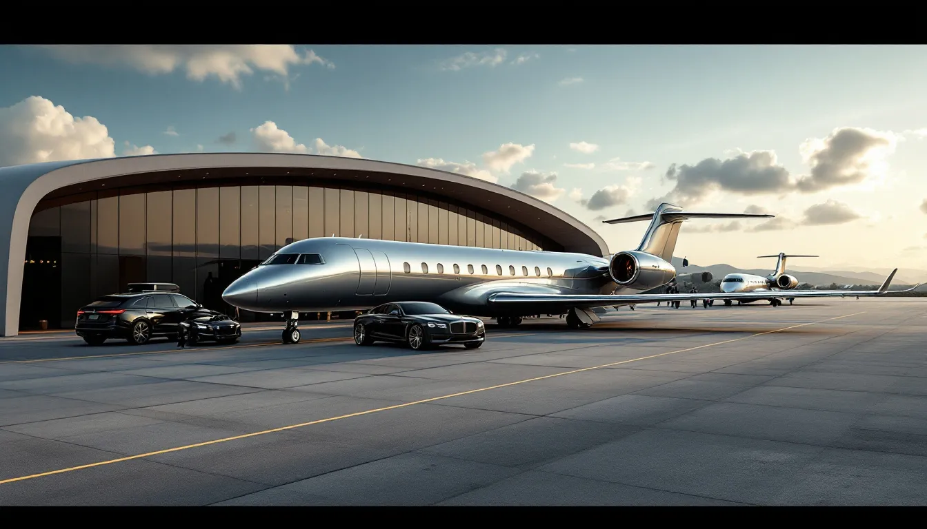 The image depicts a luxurious private airport with sleek ultra-long-range jets parked on the tarmac, ready for private jet travel. The scene highlights the elegance of private aviation, showcasing the amenities and services available for charter flights, including ground transportation and flight attendants.