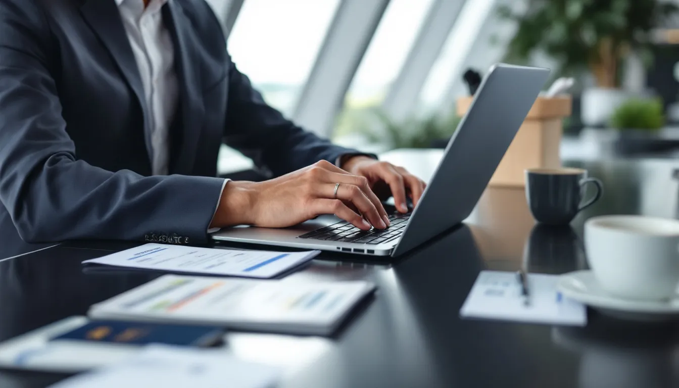 A person is sitting at a desk, intently planning and booking a private jet trip, surrounded by documents and a laptop displaying information about private jet charter costs and flight options. The scene conveys the meticulous process of arranging private aviation travel, highlighting the importance of understanding private jet rental prices and additional services.