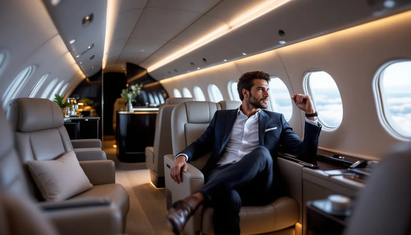 A sleek private jet is parked at an airport, showcasing its luxurious design and spacious cabin, ready for passengers seeking exclusive access to worldwide destinations. The flight crew prepares for takeoff, ensuring unparalleled comfort and safety for those flying private.