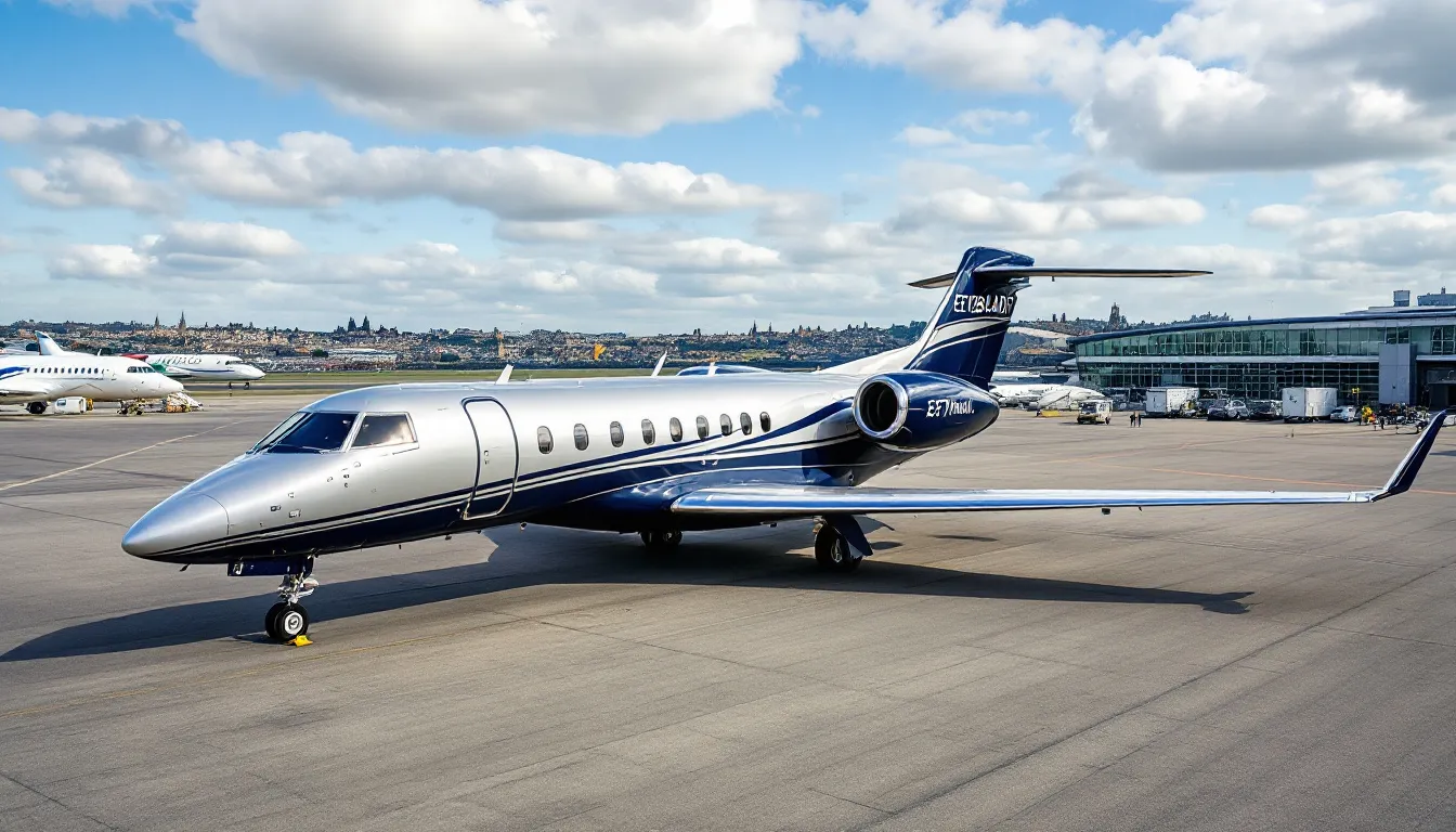 The image depicts a sleek private jet ready for departure at Edinburgh Airport, with the iconic Edinburgh Castle visible in the background. This scene captures the essence of private jet travel, highlighting the convenience and luxury of chartering a private flight to explore Scotland's rich history and culture.