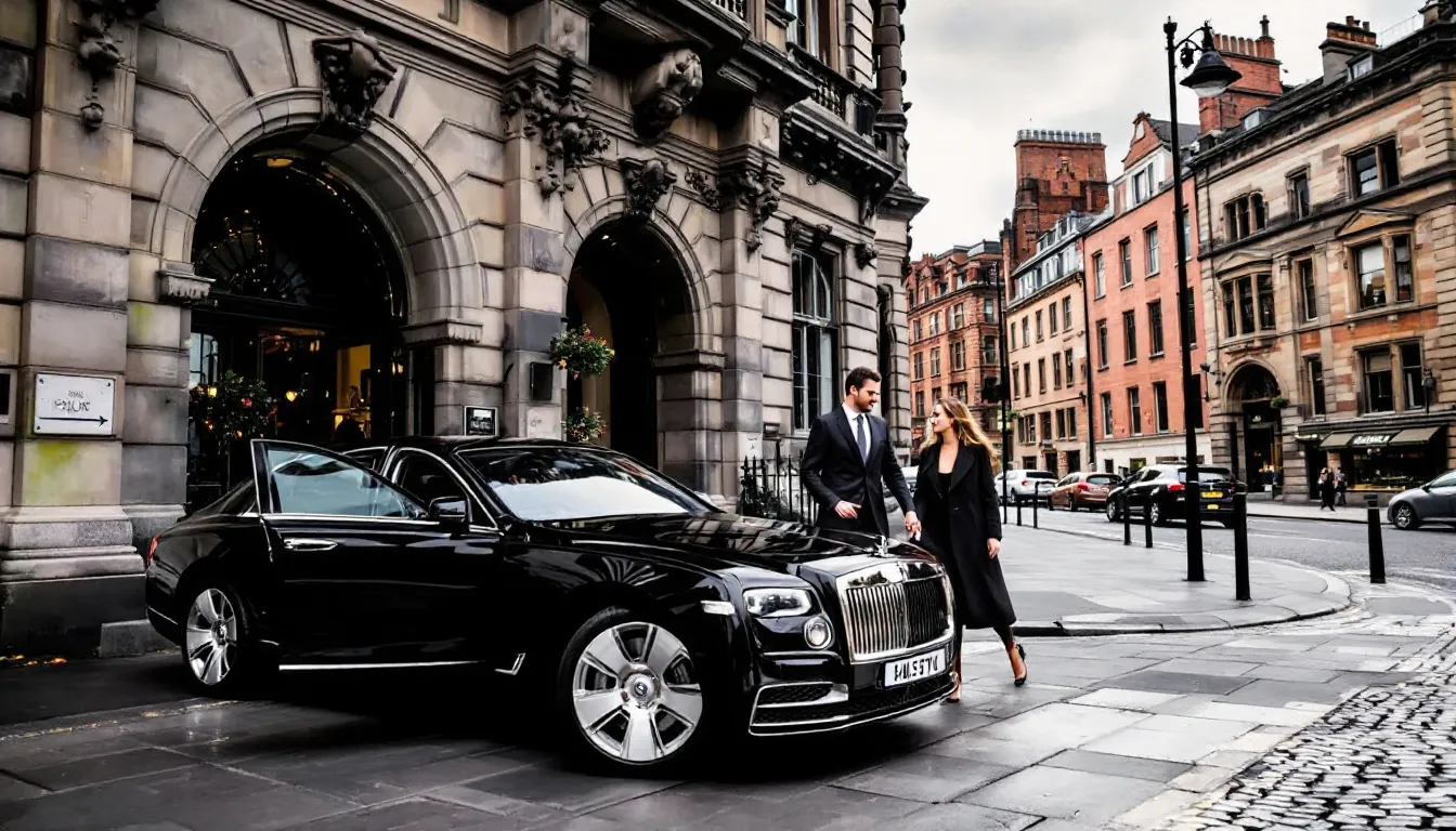 In this image depicting luxury travel in Edinburgh, a sleek private jet is seen parked at Edinburgh Airport, with the iconic Edinburgh Castle in the background, symbolizing the blend of modern private jet travel and the city's rich history. The scene captures the essence of comfort and convenience, highlighting the best service associated with private jet charters in Scotland.