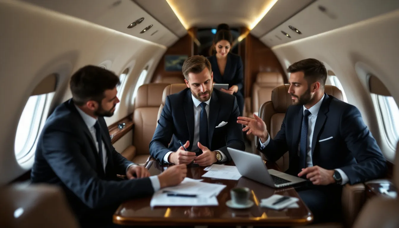 A group of business professionals is seen aboard a luxurious private jet, enjoying a stress-free experience while traveling for business meetings. The spacious interiors and personalized service of the private aircraft allow them to maintain their own schedules and enhance productivity during their quick business trips.