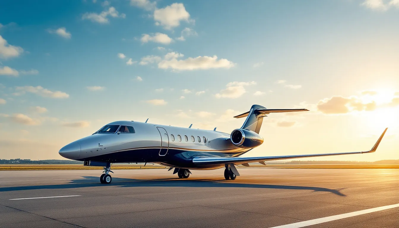 A luxurious private jet is parked on the tarmac at a European airport, symbolizing the opulence of private jet travel. The image highlights the sleek design of the aircraft, emphasizing the convenience and exclusivity of private jet charter services for international flights.