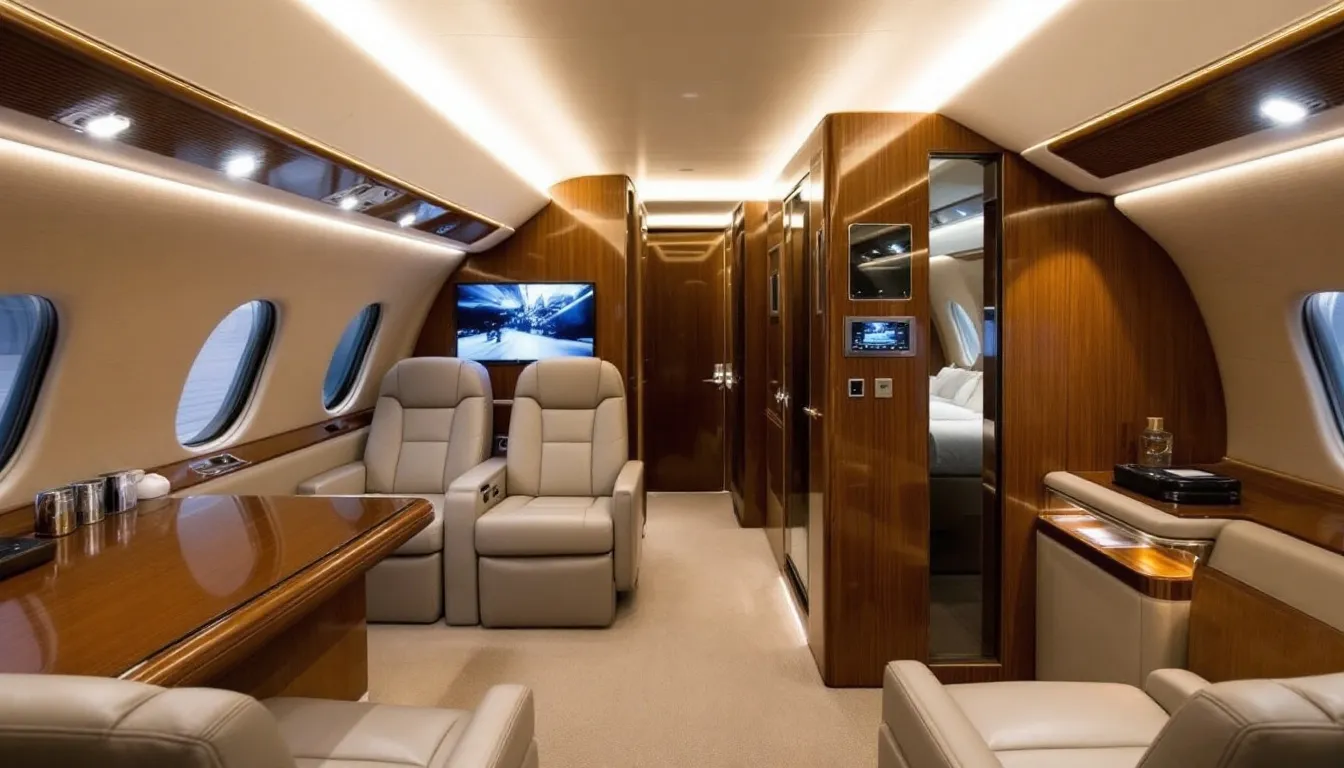 Inside the luxurious Golden Private Jet, passengers can enjoy an array of amenities including a fully equipped galley, a spacious dining room, and a master bedroom, all designed for ultimate comfort. The aircraft boasts the widest cabin in its class, offering travelers an opulent flying experience high above the skies.