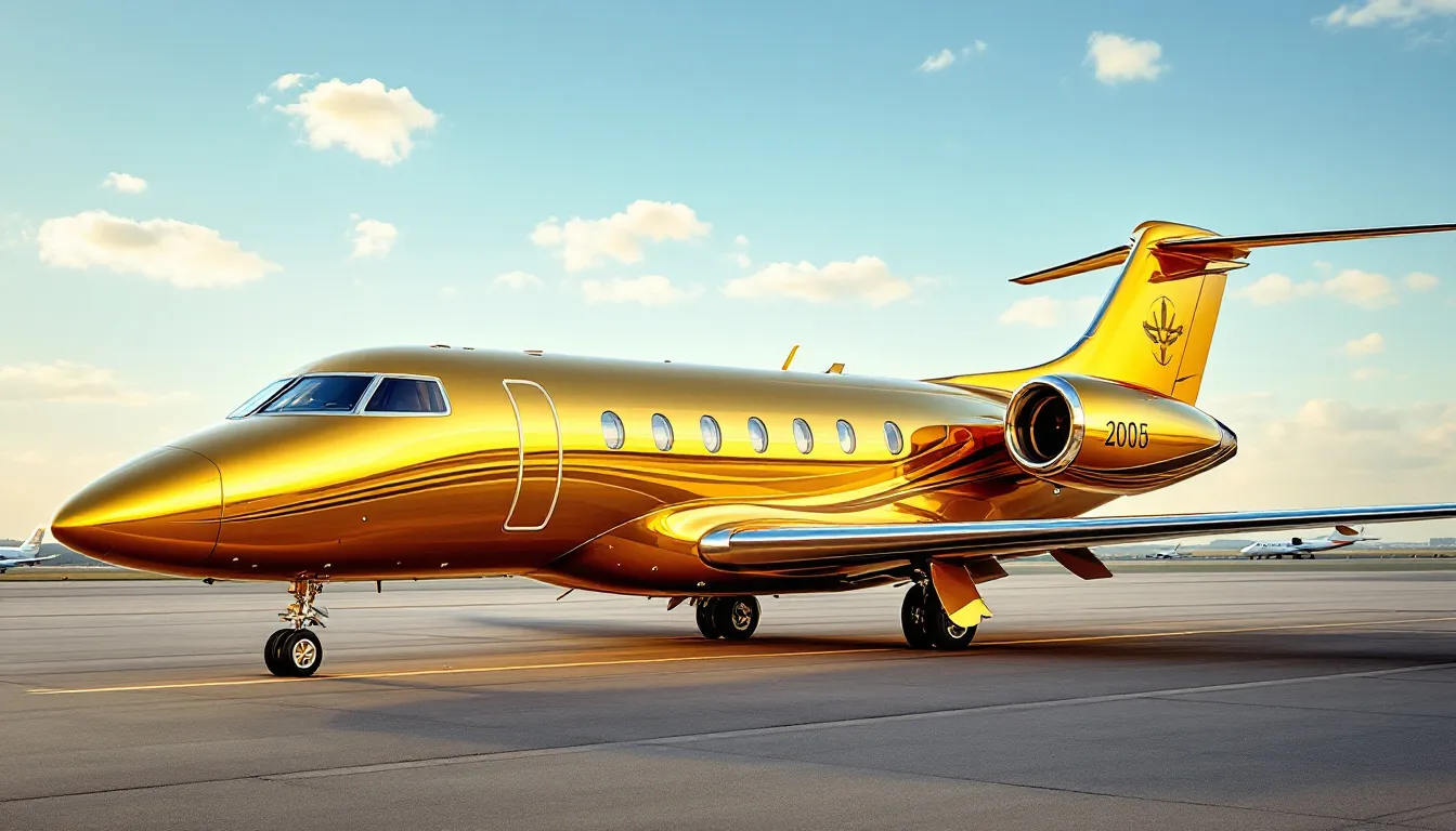 An opulent golden private jet is showcased against a clear blue sky, highlighting its luxurious exterior and sleek design. The aircraft promises an unparalleled travel experience with its spacious cabin, fully equipped galley, and master bedroom, catering to the needs of discerning travelers.