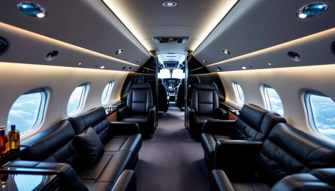The image depicts the luxurious interior of a private jet, showcasing a spacious cabin designed for comfort and style, ideal for business and leisure travelers heading to Memphis. Soft lighting and plush seating create an inviting atmosphere, reflecting the high-end experience of private jet charters.