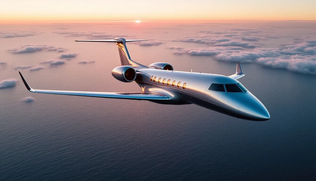A luxurious private jet is soaring through the sky on a journey to Hong Kong, showcasing the convenience of private flights. Below, the vibrant skyline of Hong Kong, including landmarks like Victoria Harbour and Lantau Island, is visible, highlighting the city's status as one of the most densely populated areas in the world.