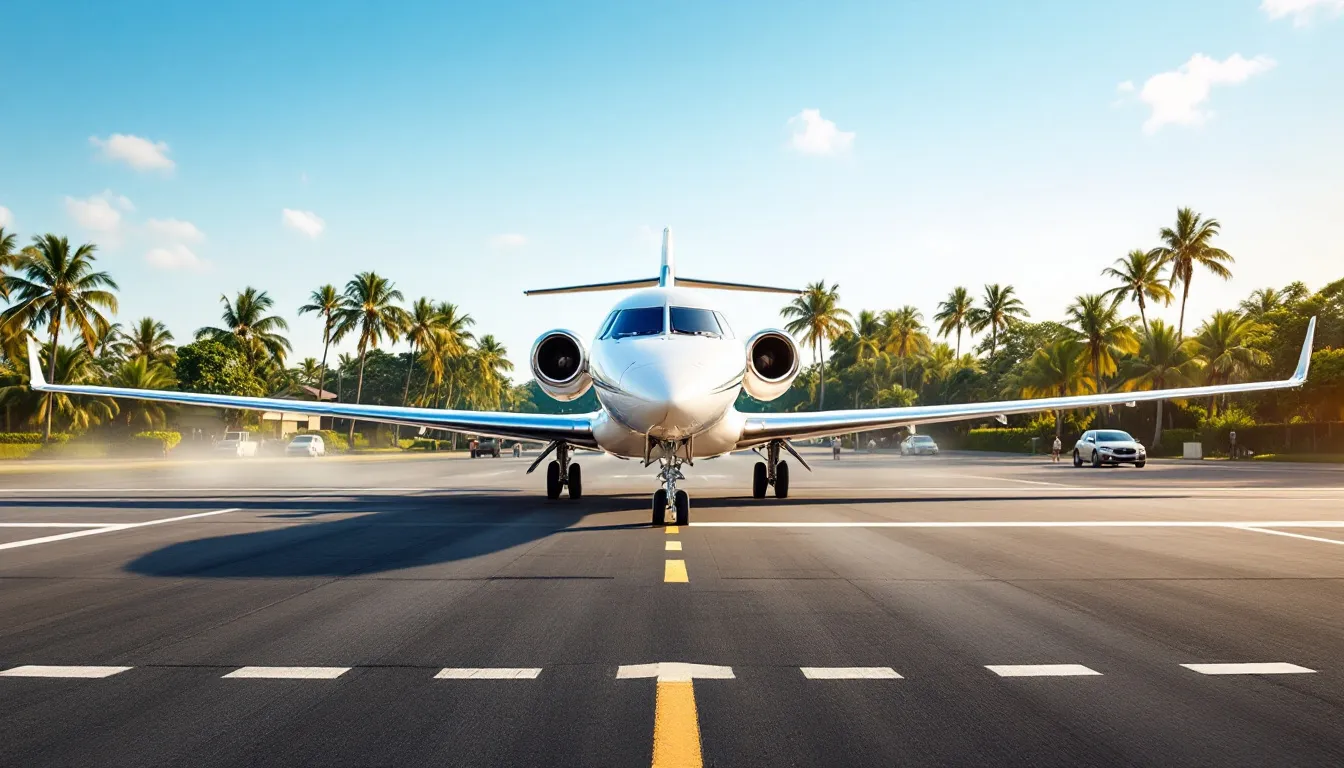 The image showcases the top airports in Bali for private jet arrivals, highlighting Ngurah Rai International Airport and Denpasar International Airport, surrounded by stunning views of the island's natural wonders, pristine beaches, and lush rice paddies, making it a perfect gateway for luxury private jet travel to paradise.