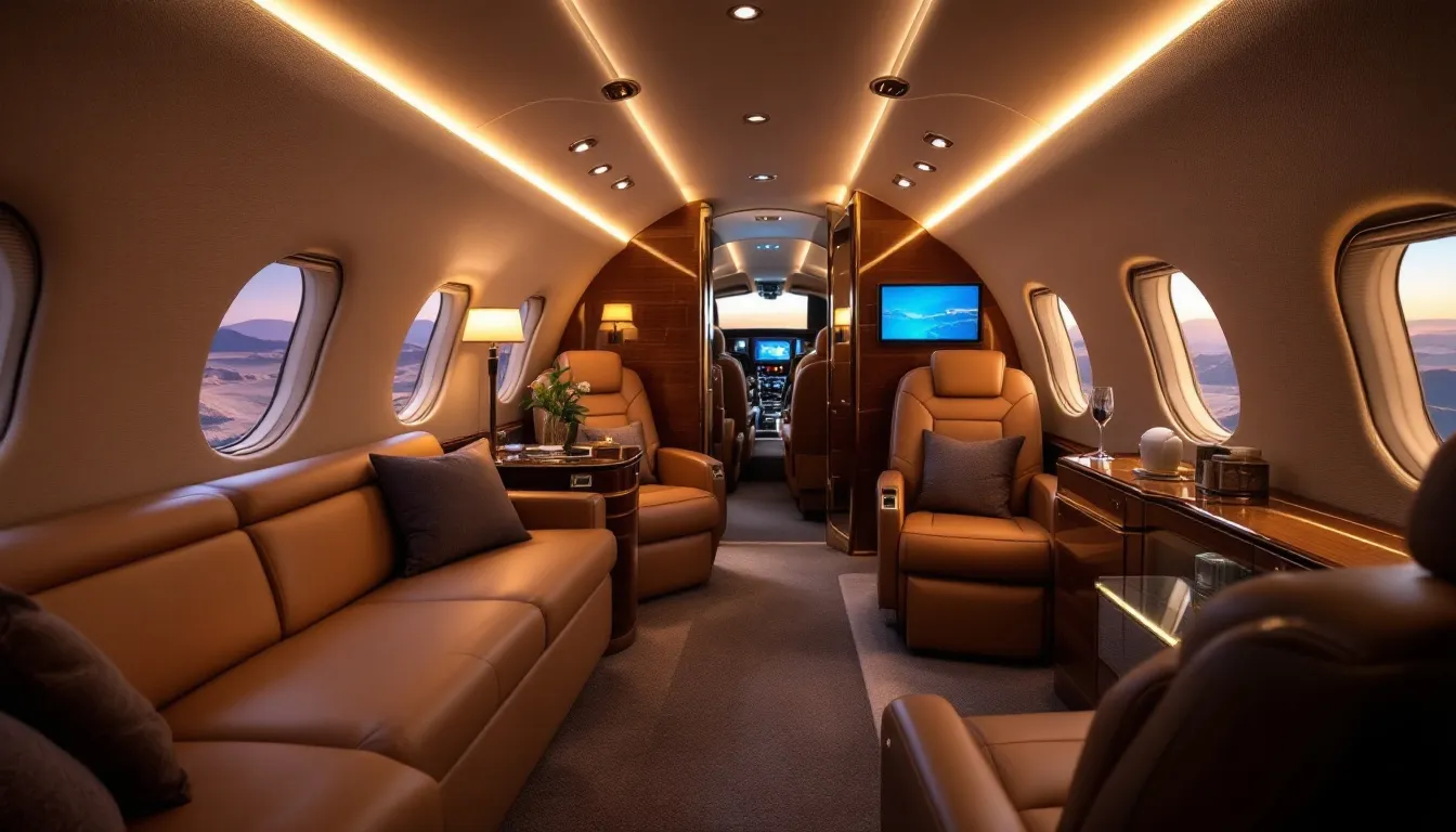 A luxurious interior of a private jet is showcased, featuring plush seating and elegant decor, set against the backdrop of Egypt's iconic landscapes, including views of the Nile River and the pyramids. This image highlights the comfort and exclusivity of private jet charters for travelers exploring popular destinations like Cairo and Sharm El Sheikh.