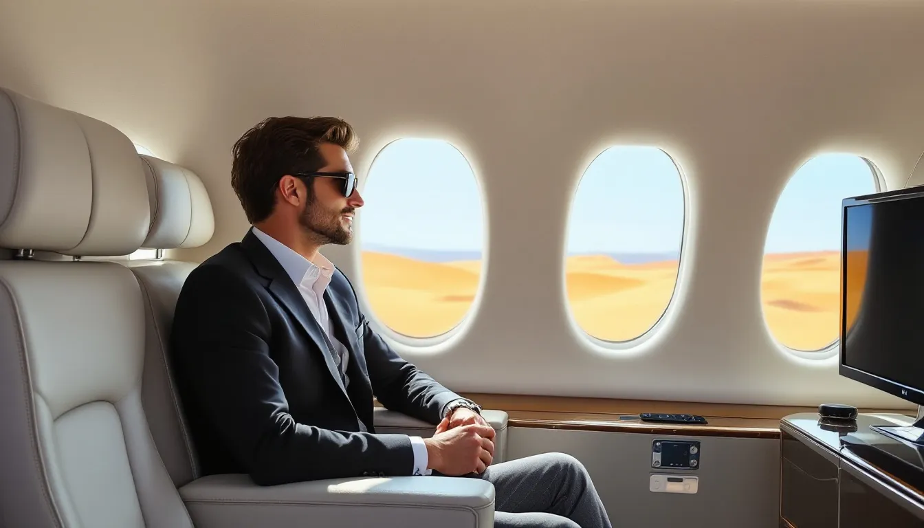 A luxurious private jet is soaring above Egypt, showcasing stunning views of the Nile River, the vast deserts, and iconic landmarks such as the pyramids and the Mediterranean Sea. This image captures the essence of private jet travel, offering a glimpse into the exclusive experience of flying privately to popular destinations like Cairo and Sharm El Sheikh.