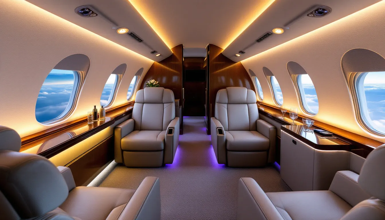 The image showcases a luxurious Airbus A340 private jet, highlighting its sleek exterior and four engines, symbolizing airborne luxury. Inside, the aircraft's spacious cabin features elegant seating and modern technology, designed to provide an exceptional travel experience for passengers on long haul flights.