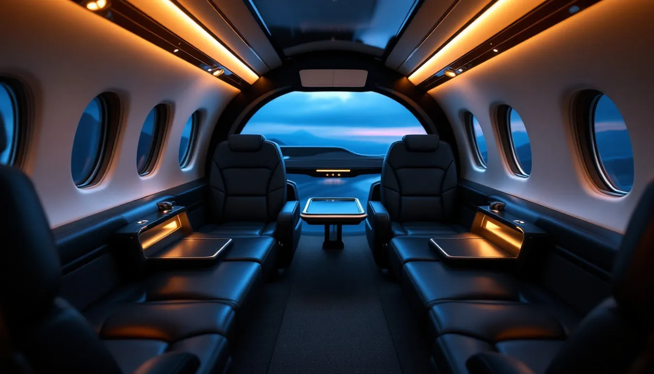 Inside the futuristic private jet, passengers relax in a spacious cabin featuring luxurious seating and large windows that offer stunning views of the sky. The sleek interior is designed with advanced technology, ensuring high performance and efficiency for a superior private air travel experience.