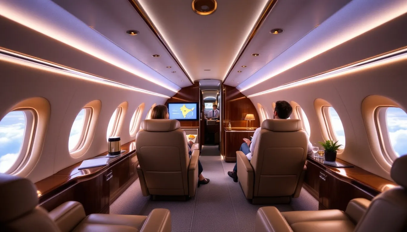 Inside a luxurious private jet traveling to India, passengers enjoy spacious seating and personalized in-flight catering, ensuring a comfortable journey. The interior features elegant design elements typical of private aviation, catering to business travelers seeking efficiency and comfort on their international flights.