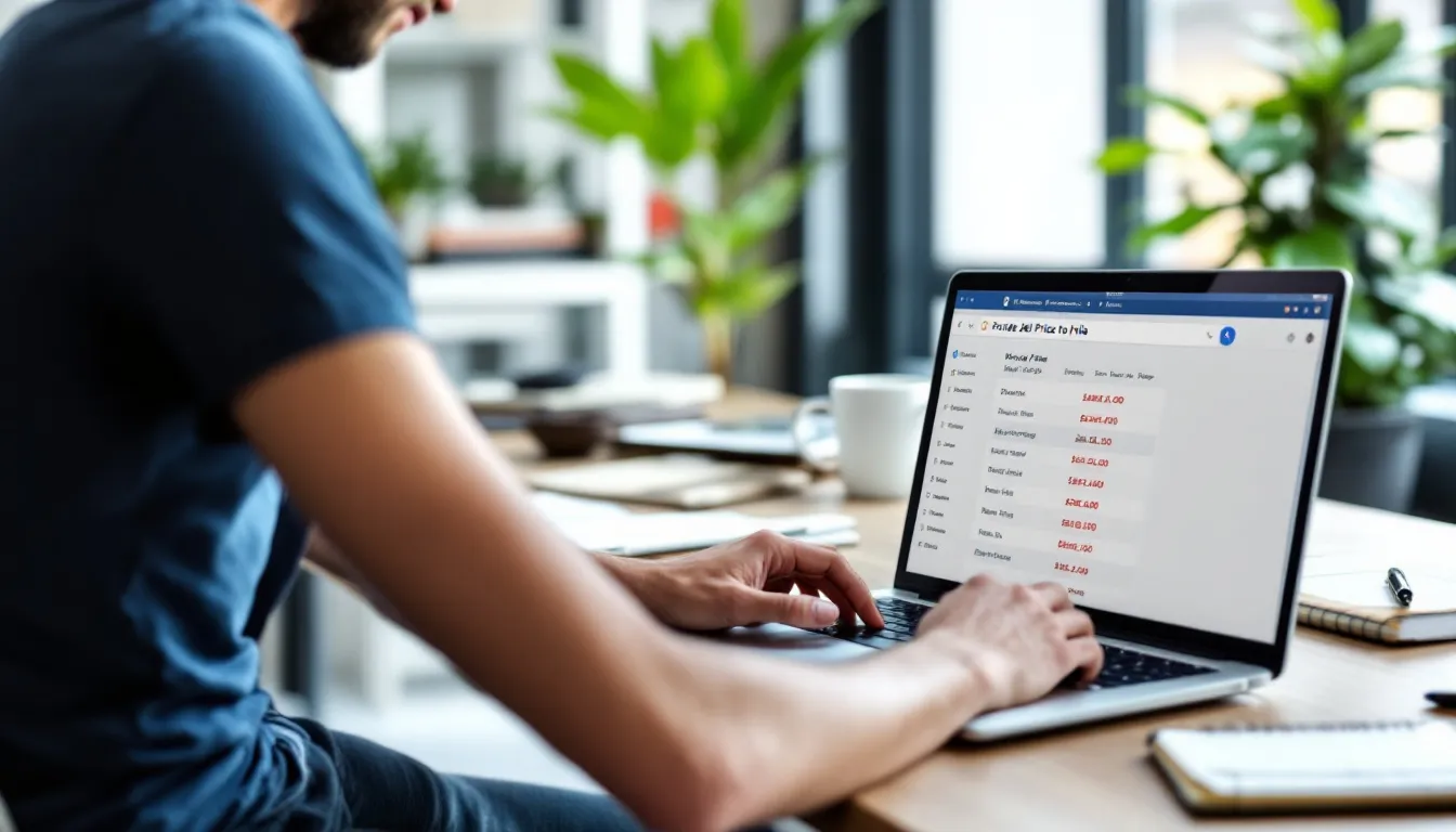 A person is sitting at a computer, looking up information about private jet prices to India, exploring options for private jet travel and charter services. The screen displays various details about different types of private jets and their costs, highlighting the luxury and efficiency of flying privately.