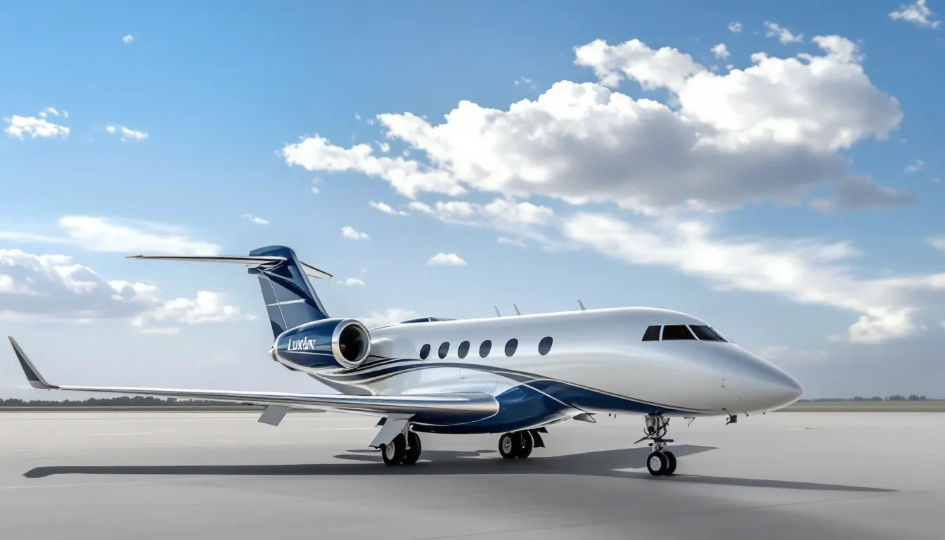 A sleek, pre-owned private jet is showcased on a tarmac, highlighting its luxurious design and polished exterior, which appeals to potential private jet owners. This image represents the market for used private jets, emphasizing the significant initial purchase price and ongoing operational costs associated with ownership, such as maintenance and hangar fees.