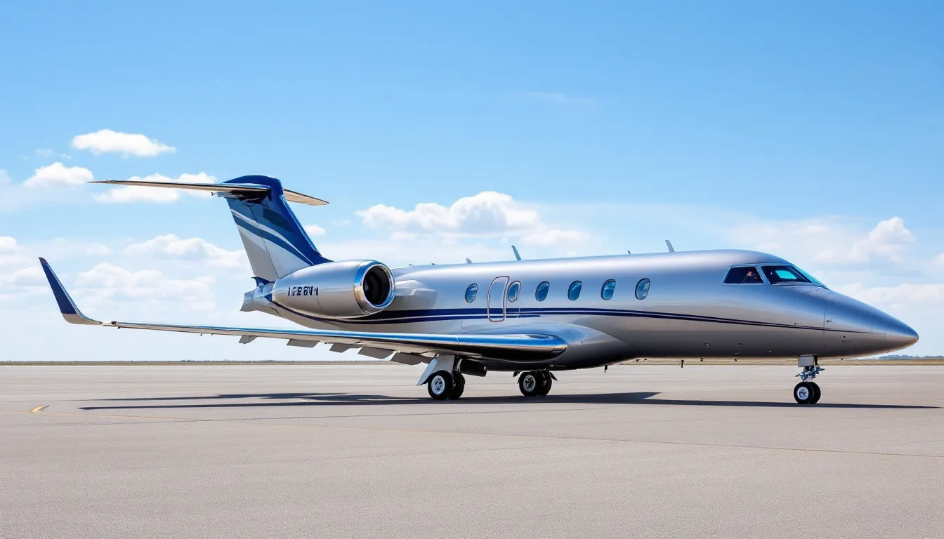The image shows a sleek 12-seater private jet parked on the tarmac, surrounded by a clear blue sky and a well-maintained airport environment. The aircraft, designed for private jet travel, features a polished exterior and spacious cabin, highlighting the luxury and convenience of private jet charters.