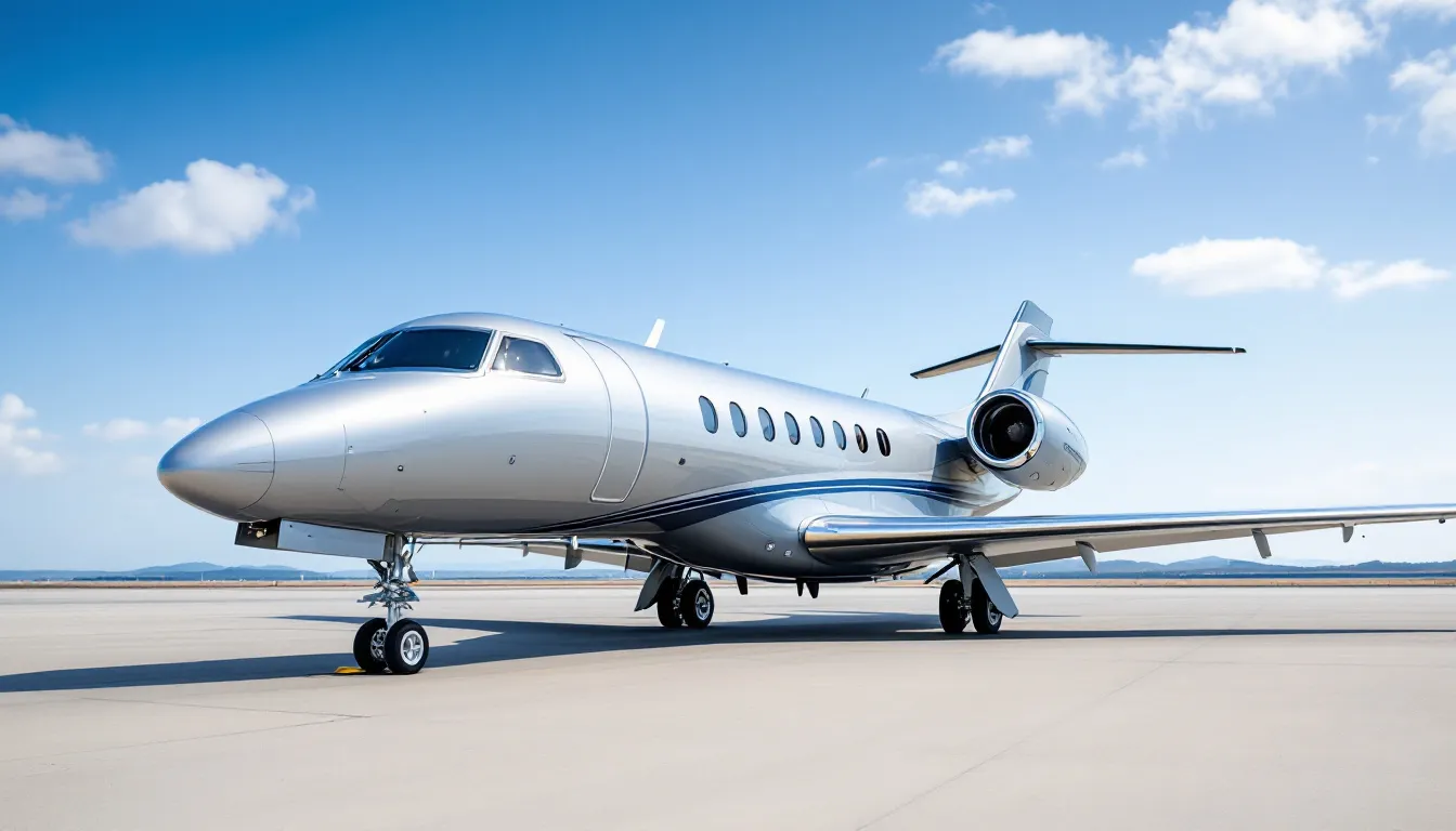 A sleek private jet is parked at a private terminal, showcasing the luxury of private aviation with its polished exterior and spacious boarding area. This image represents the convenience of private jet rentals and the premium experience of chartering a private flight.