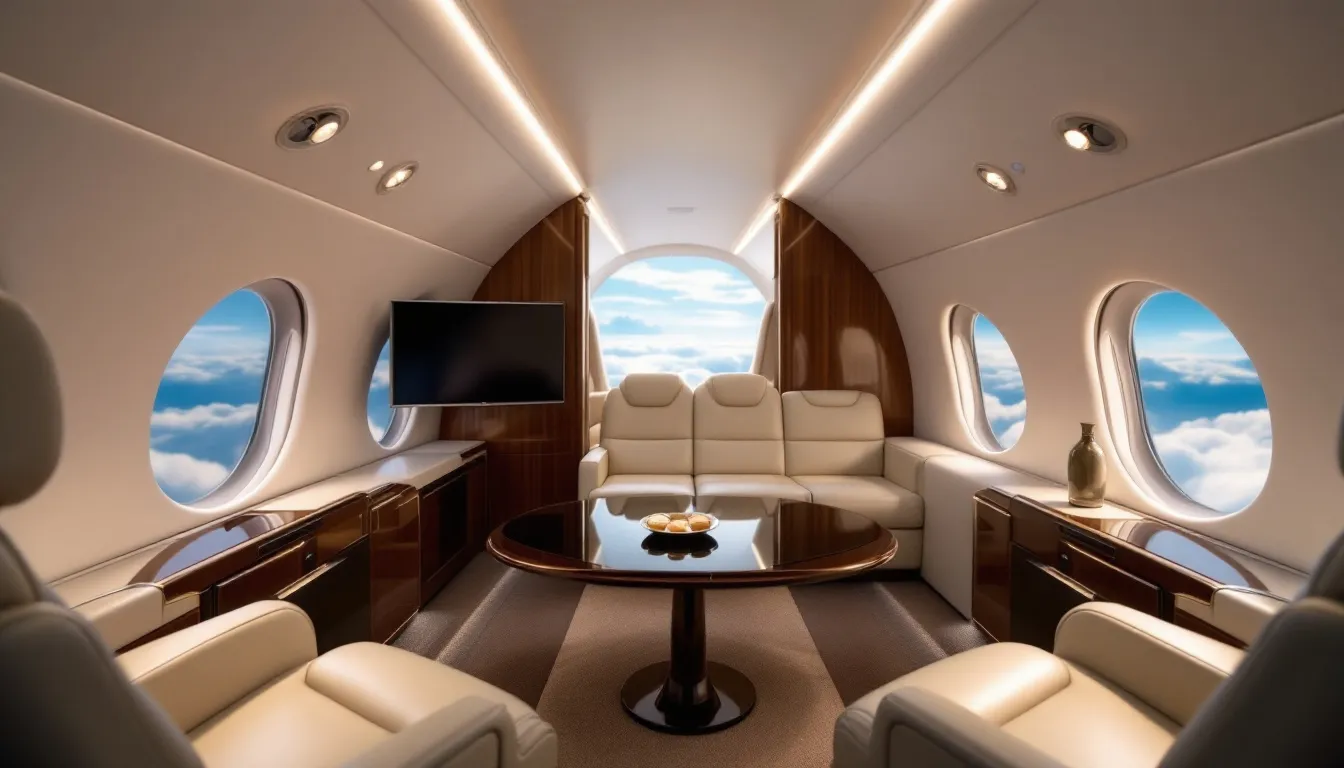 A sleek luxury private jet is showcased, emphasizing its elegant design and spacious interior, ideal for private jet travel. This image captures the essence of private aviation, highlighting the comfort and exclusivity that comes with chartering a private jet.