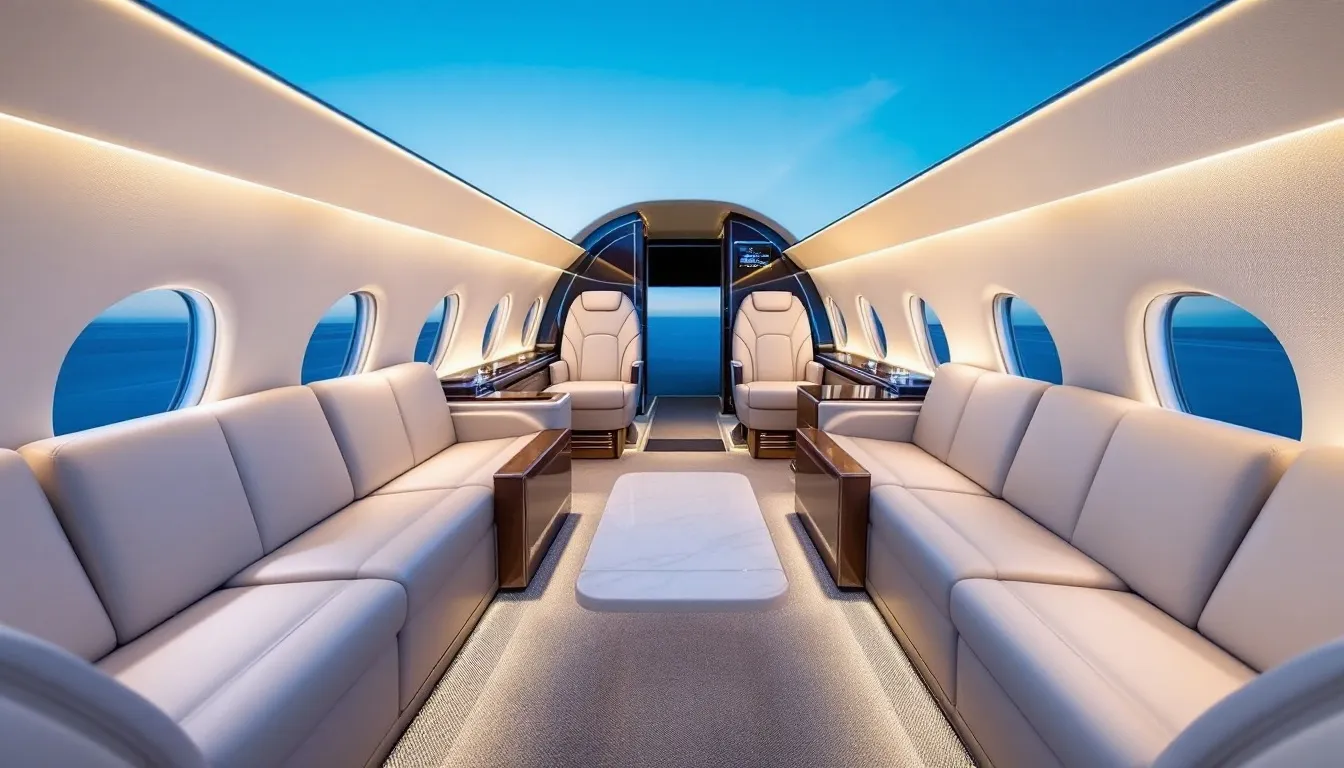 An image depicting the luxurious experience of chartering a private jet, showcasing various aircraft types such as light jets and ultra long range jets, emphasizing the comfort and convenience of private jet travel. The scene highlights the ease of access to private airports and the personalized services available during a private flight.