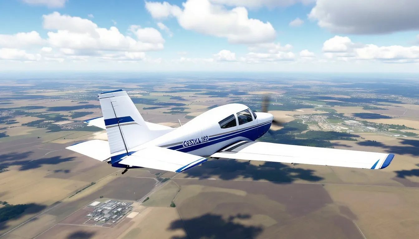 A Cessna 182 is soaring through a clear blue sky, showcasing its powerful engine and fuel efficiency as it carries four adults on a scenic flight. This popular aircraft is known for its low operating costs and simple controls, making it a favored choice for flight schools and pilots alike.