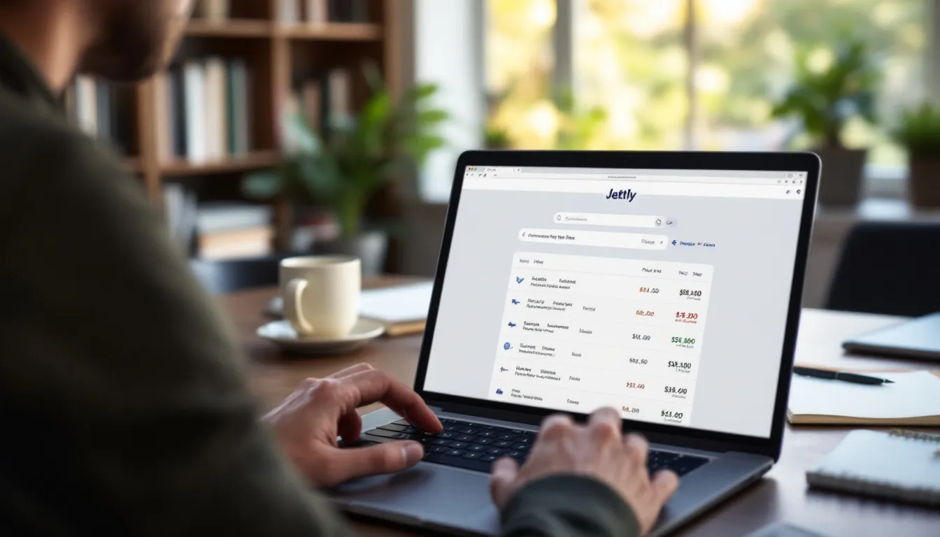 In the image, a user is seen navigating the Jettly website on a laptop, searching for cheap airline prices for both domestic and international flights. The screen displays various flight deals, showcasing options for popular destinations like Las Vegas and San Francisco, emphasizing the best flight deals and price tracking features.