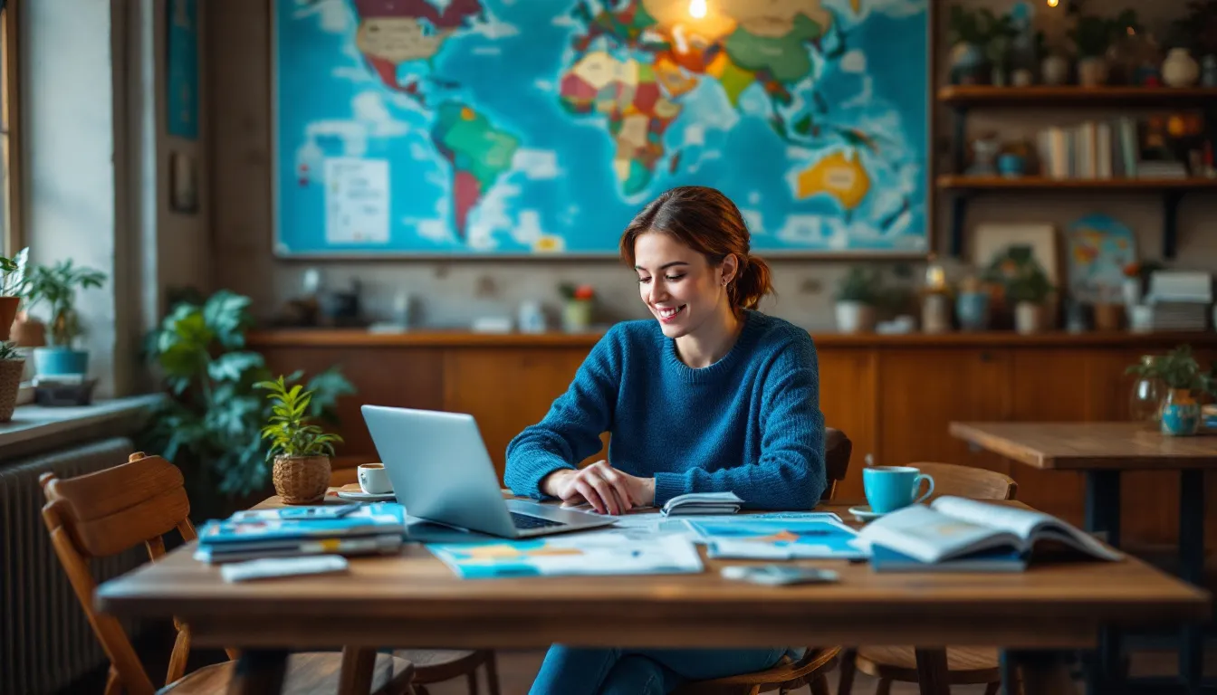 In the image, a traveler is seen planning an international trip, surrounded by travel documents, a laptop displaying a flight itinerary, and a smartphone open to the ValueJet app for booking and managing their journey. The scene captures the excitement of preparing for international flights, with a focus on airline services like airport lounge access and options for additional bags.