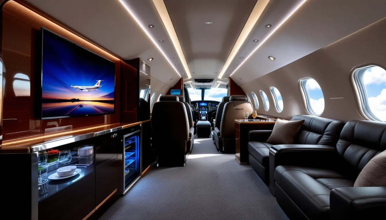 An image illustrating private jet ownership features a sleek private jet parked on a tarmac, showcasing its luxurious design and spacious cabin. The scene highlights the appeal of private aviation, emphasizing the comfort and convenience of private jet travel compared to commercial flights.
