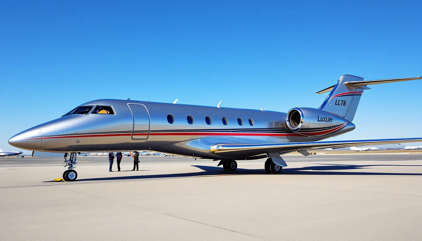 A luxurious private jet is showcased on the tarmac, highlighting its sleek design and spacious cabin, ideal for discerning travelers seeking a premium private flight experience. The image captures the essence of private jet travel, emphasizing comfort and elegance for international flights and charter flights alike.