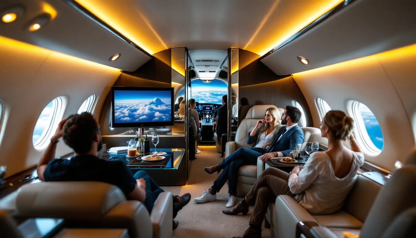 A luxurious private jet awaits on the tarmac, ready to embark on an exclusive journey around the world, visiting UNESCO World Heritage sites like the Taj Mahal and Machu Picchu. Fellow travelers prepare for their adventure, eager to explore breathtaking destinations such as Ha Long Bay and the Great Barrier Reef, all while enjoying seamless travel experiences with TCS World Travel.