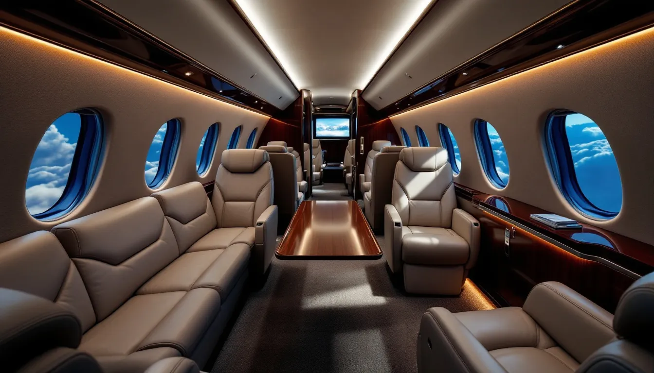 Inside a luxurious private jet, passengers enjoy the comfort of plush seating and elegant decor, highlighting the unparalleled service and convenience of private aviation. The cabin is designed for discerning travelers, offering a seamless travel experience with access to stunning destinations around the world.