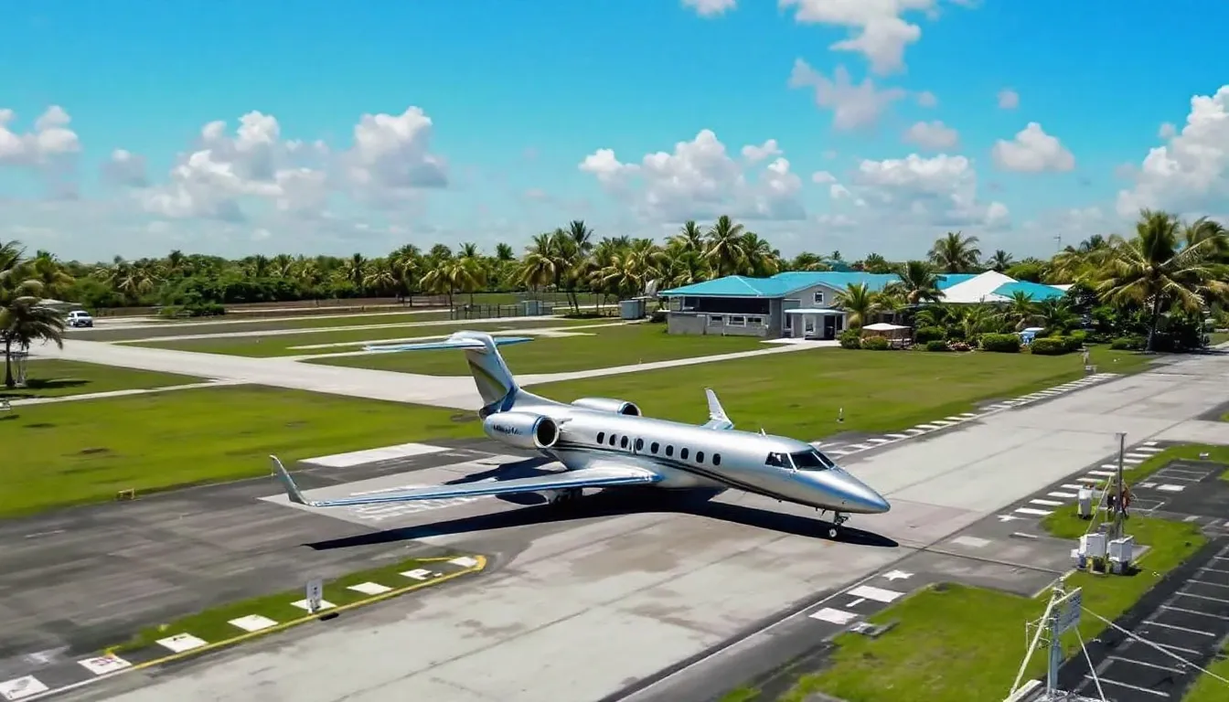 A luxurious private jet is parked at Marsh Harbour Airport, ready for passengers to embark on unforgettable private flights to this stunning Bahamian destination. The backdrop features crystal clear waters and beautiful beaches, inviting travelers to explore the nearby cays and enjoy a relaxing getaway.