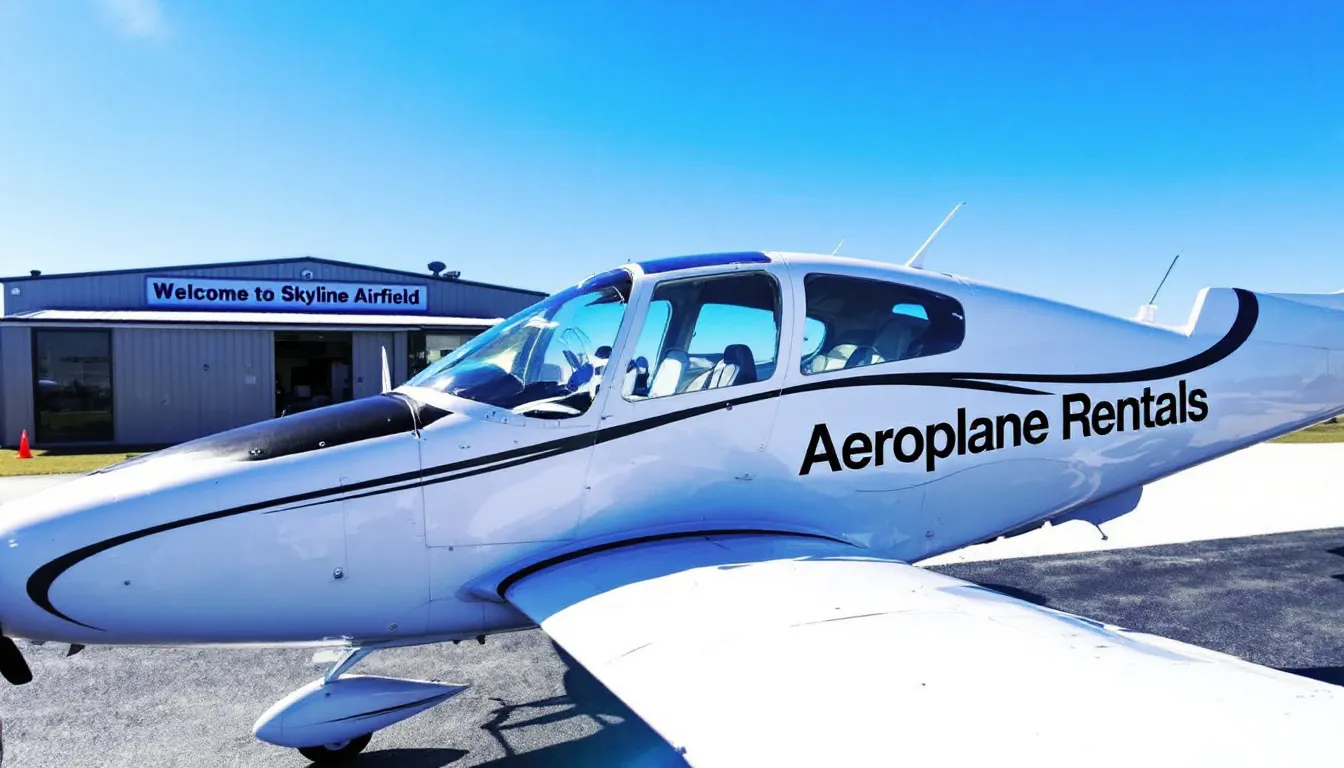An image depicting a sleek private jet on a runway, surrounded by a clear blue sky, symbolizes the world of aeroplane rentals. The scene highlights the appeal of private aviation, showcasing the luxury and efficiency of private jet travel, while also hinting at various factors like rental costs and flight details that discerning travelers consider.