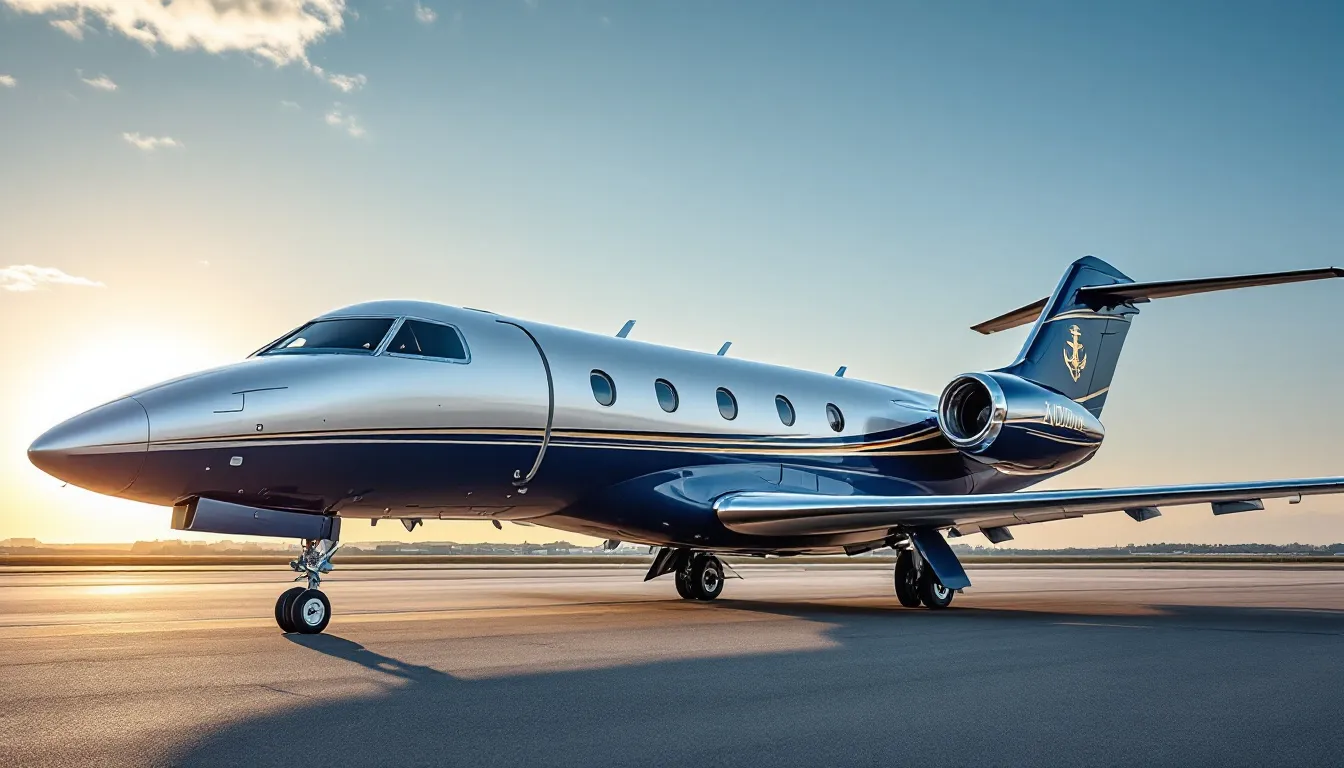 The image showcases a sleek private jet parked at a modern airport, emphasizing the luxury and convenience of private jet charters. This visual highlights the appeal of private flying, offering travelers direct access to various destinations without the hassle of long security lines typical of commercial flights.