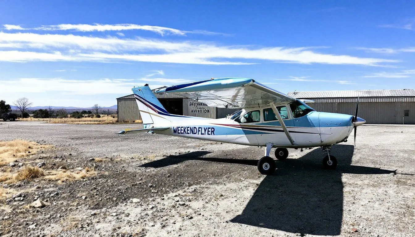 A scenic view of a small airport with several aircraft parked on the tarmac, showcasing options available for weekend plane rentals. The image highlights various aircraft types, emphasizing the fun and cost-effective nature of renting a plane for a weekend trip.