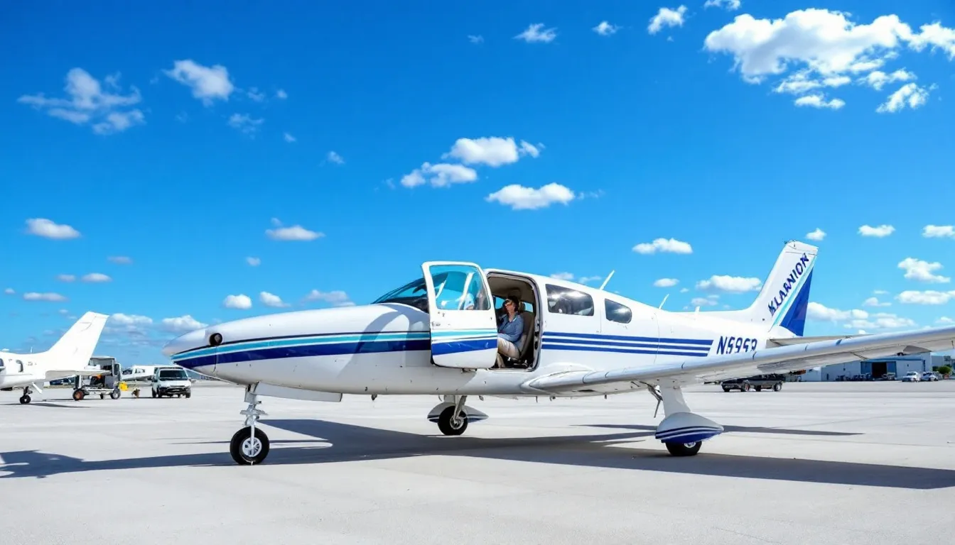 An image depicting the process of renting a plane for a week, showcasing a private jet on the tarmac, with a rental company representative discussing rental agreements and costs, including landing fees and additional services. The scene emphasizes the luxury of private aviation and the various aircraft types available for travelers.