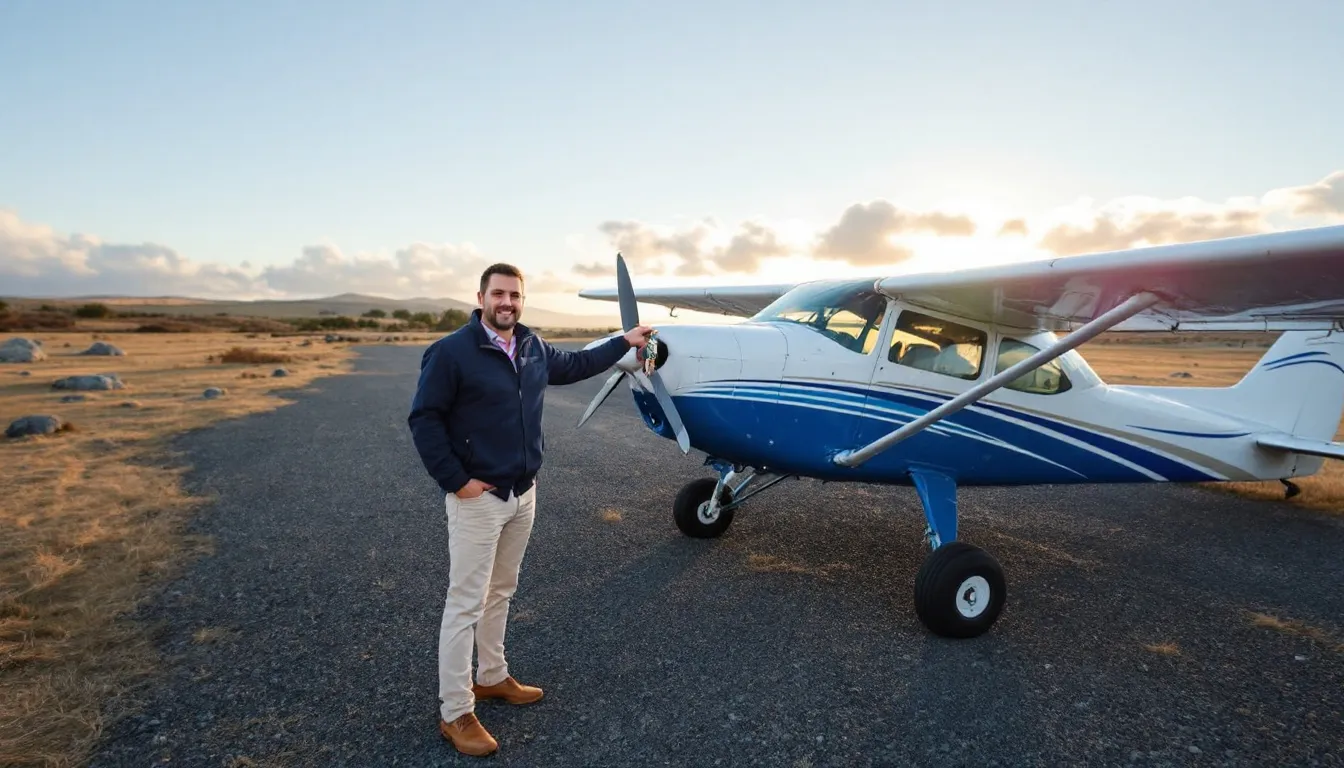 The image depicts a small Cessna aircraft at an airport, highlighting the process of renting a plane for air travel. It showcases the various aspects of airplane rental, including rental costs, insurance options, and the necessity of a private pilot license for flying.