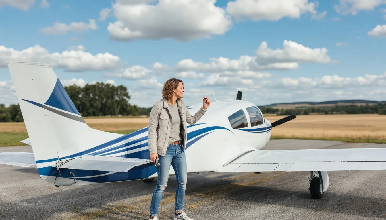 The image depicts a small Cessna aircraft at an airport, highlighting the process of renting a plane for air travel. It showcases the various aspects of airplane rental, including rental costs, insurance options, and the necessity of a private pilot license for flying.