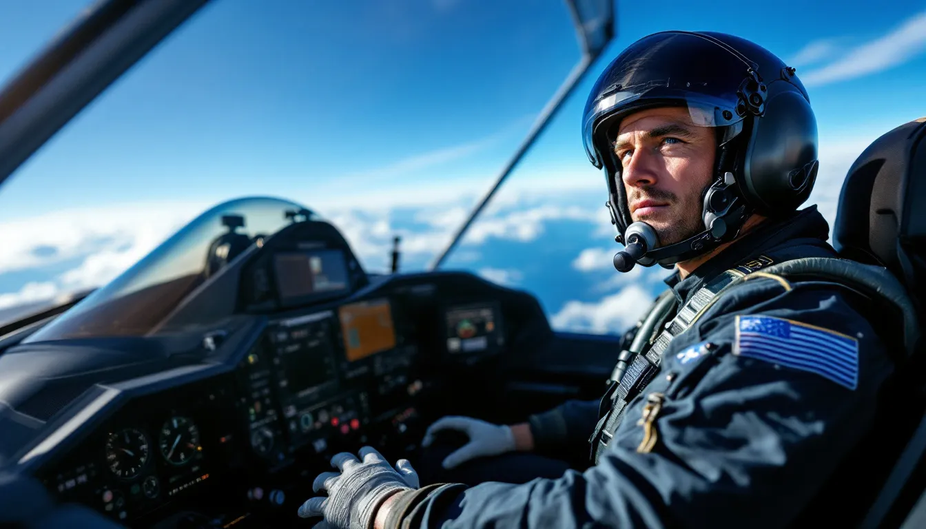 The image showcases a thrilling military jet experience, featuring a sleek fighter jet in flight against a clear blue sky. The cockpit is visible, highlighting the advanced controls and instruments used by fighter pilots during high-performance maneuvers.