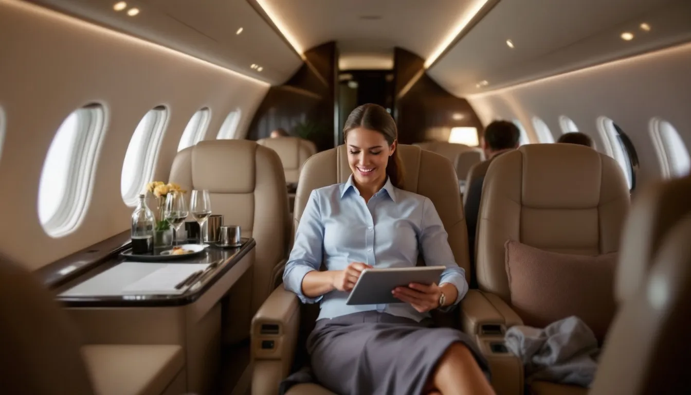 The image showcases a professional team from Jet Air, highlighting their top-notch services in air travel, including flight operations and aircraft sales. The scene conveys a sense of efficiency and safety, emphasizing the company's commitment to quality and customer satisfaction in the aviation industry.