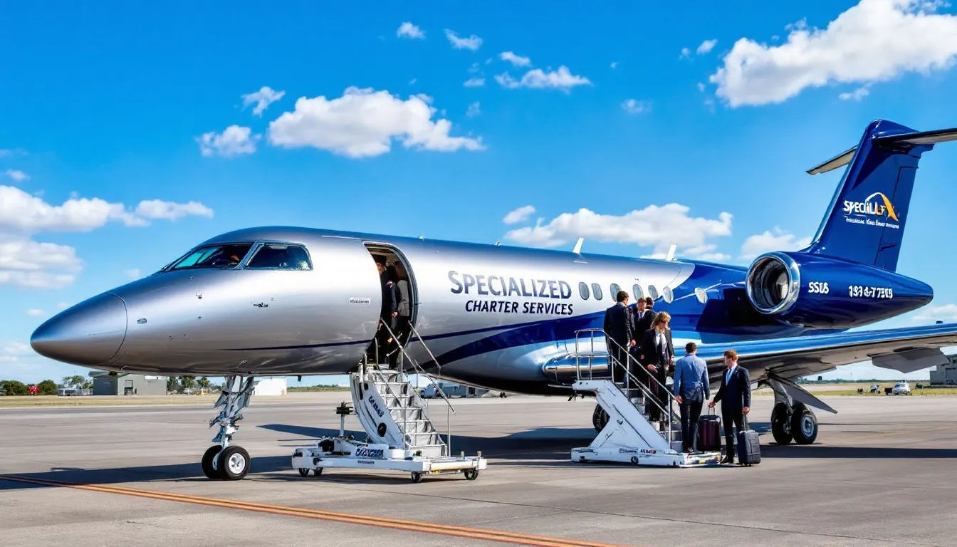 The image showcases a sleek private jet, representing specialized charter services designed for executive and business travel. This luxurious aircraft is ideal for small groups, offering unparalleled comfort and flexibility for long haul flights and convenient access to various destinations.