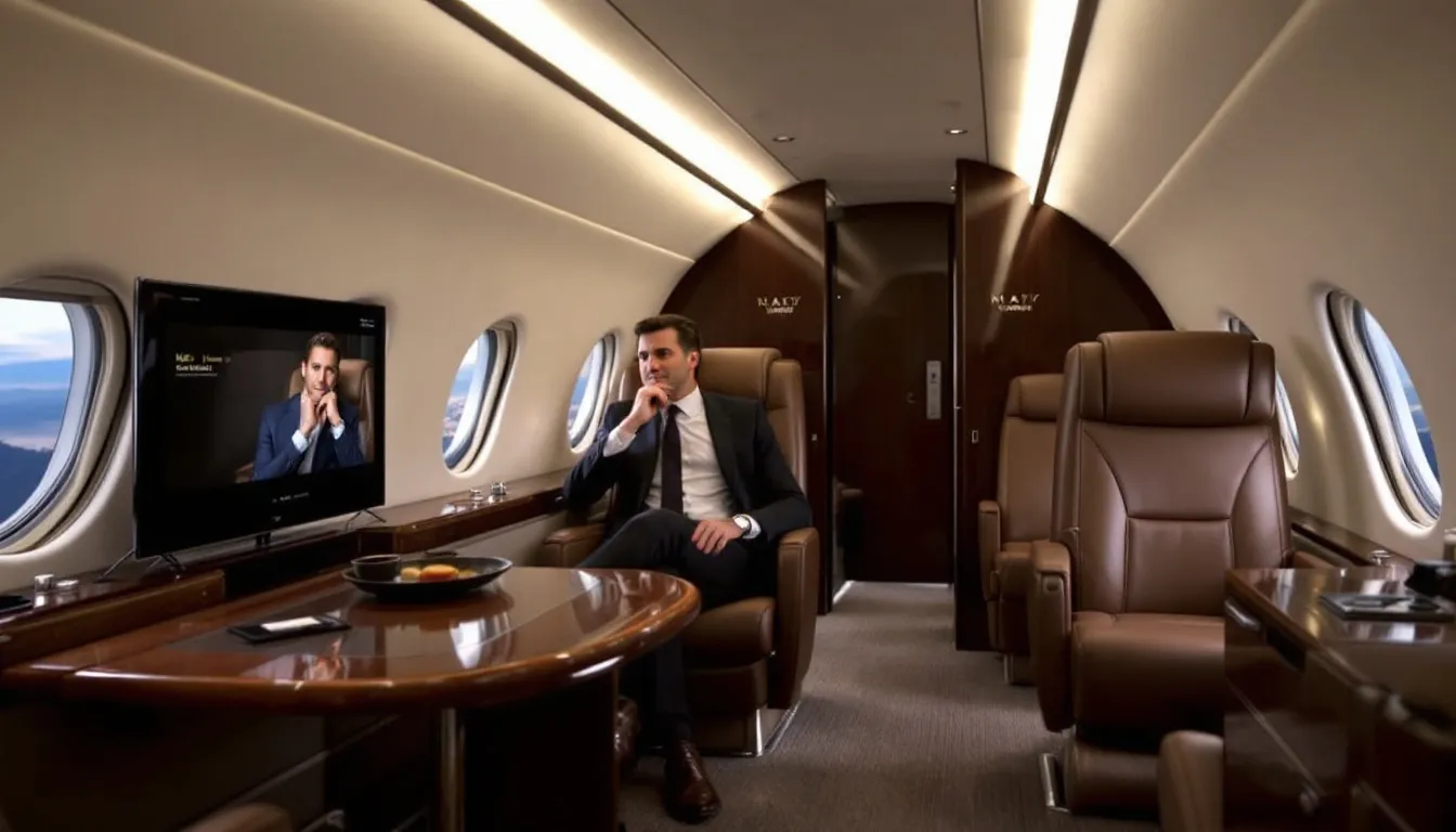 The image depicts a luxurious private jet, showcasing its sleek design and spacious interior, ideal for executive travel and small groups. This private jet charter offers unparalleled comfort and flexibility, making it perfect for both business and leisure trips, as it allows travelers to access a range of destinations with ease.