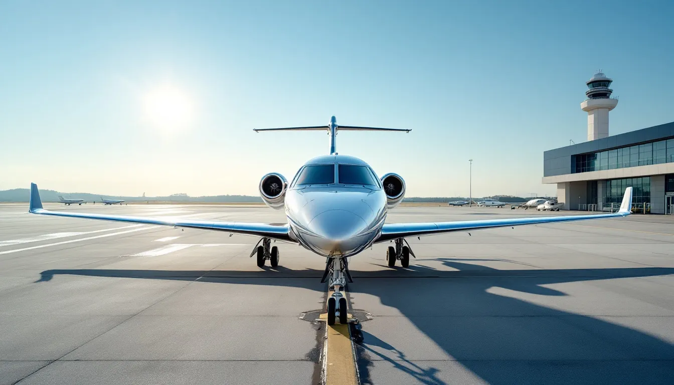 The image depicts an air charter service at the New Orleans International Airport, showcasing various aircraft ready for flight training and aviation services. In the background, you can see the terminal building and the bustling activity typical of a busy airport environment.