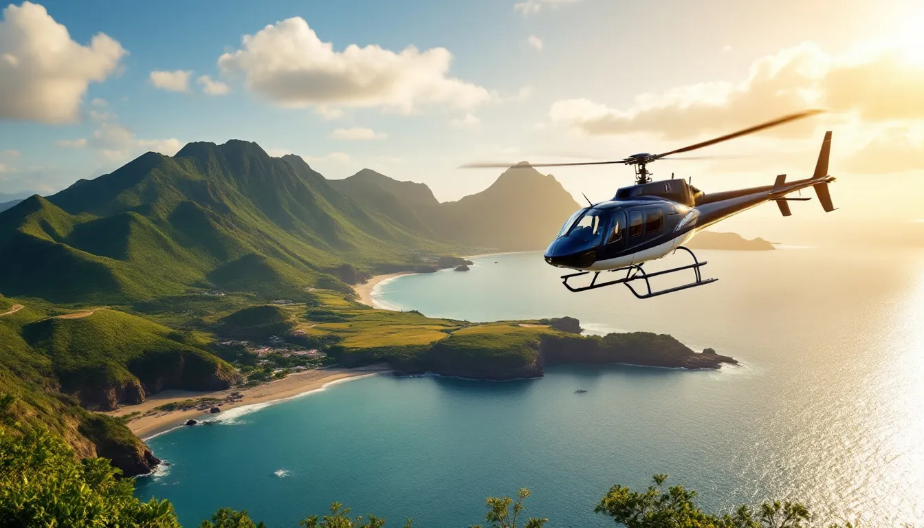A helicopter gracefully flies over a stunning Nigerian landscape, showcasing the majestic mountains and beautiful coastline below. This aerial view highlights the natural beauty of Nigeria, making it an ideal destination for tourists and private jet charters alike.
