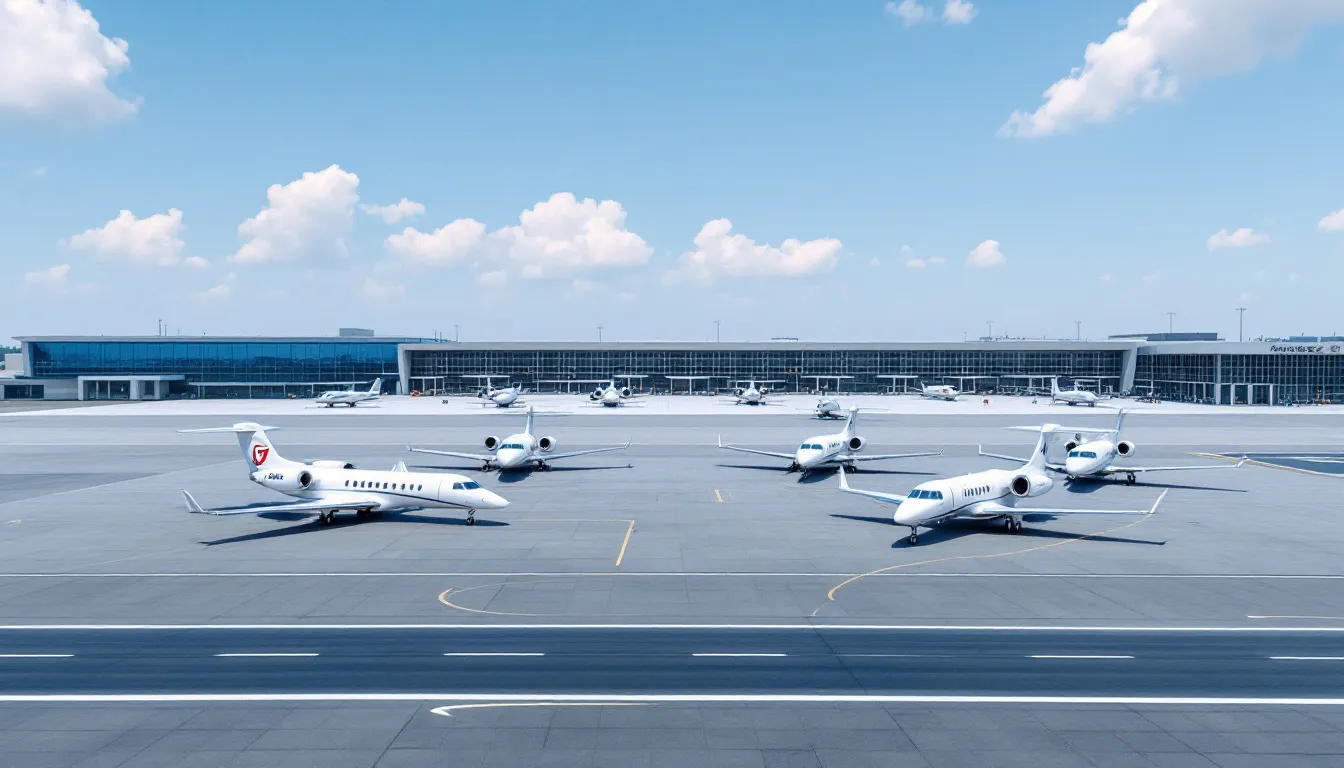 An aerial view of Murtala Muhammed International Airport in Nigeria showcases a bustling scene with several private jets parked alongside modern terminal buildings. The image highlights the luxury and convenience of private jet charters in Lagos, a major hub for international flights and air charter services in Africa.