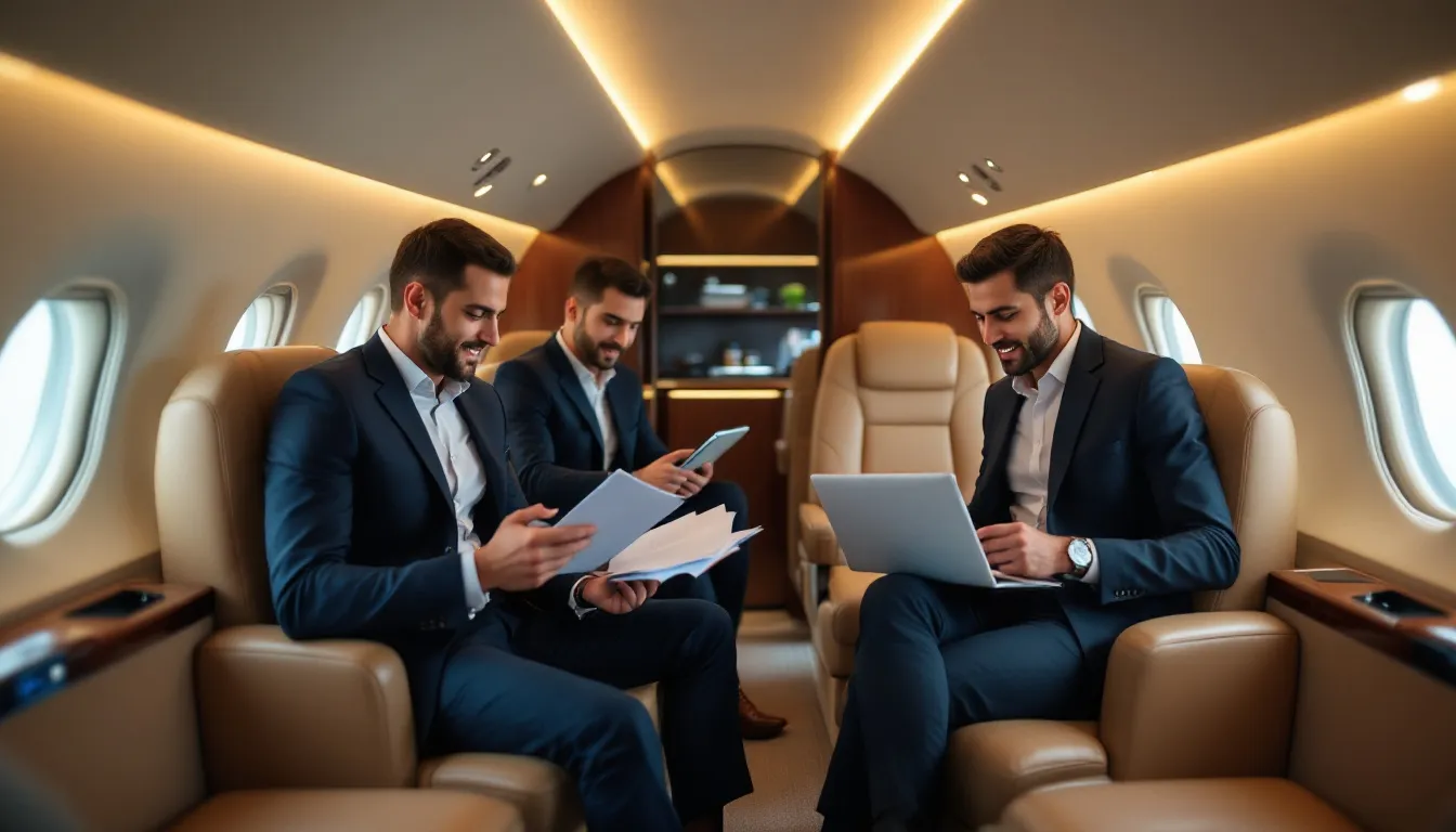 Inside a luxurious private jet cabin, business travelers are focused on reviewing important documents, highlighting the convenience and efficiency of private jet charters for their trips. The setting reflects the sophistication of air charter services, ideal for clients flying from busy airports like Murtala Muhammed International Airport in Nigeria.