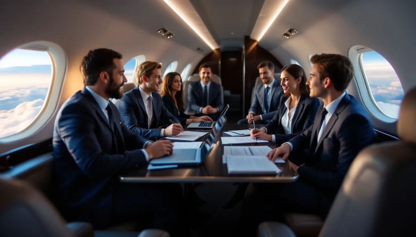 The image depicts passengers engaged in a business meeting aboard a private jet, showcasing a luxurious and professional atmosphere during their flight. The setting highlights the convenience of private jet charters, ideal for corporate travel, as they connect bustling cities like Lagos and Abuja.